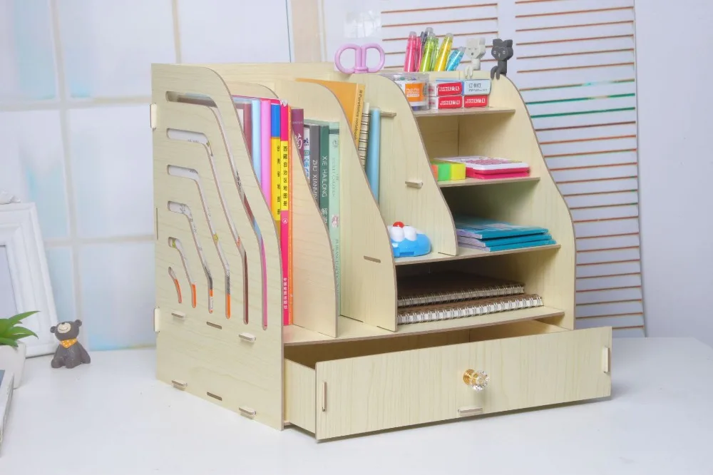 DIY Wooden Document Tray Desktop Multifunction A4 Data Storage Box Pen Pencil File Holder Office Desk Organizer School Supplies