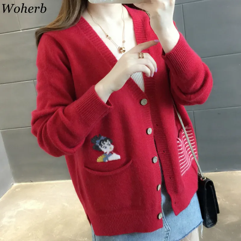 

Woherb Women Cardigan Sweater Autumn 2019 Modis Sweater Coat Harajuku Kawaii Printed Warm Knit Jacket Ladies Loose Cardigans