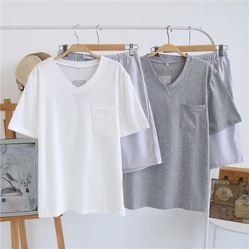 

Summer Pure Cotton Short Sleeve Capri Pants Thin Lattice Set Men Pajamas Summer Youth Casual Clothing