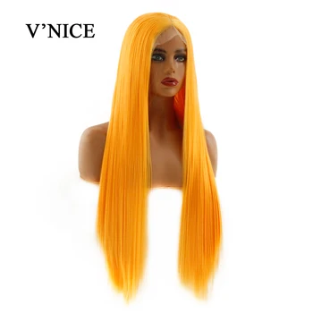 

V'NICE HandTied Yellow Heat Resistant Straight Wigs Cosplay Daily Party Synthetic Lace Front Wig for Women