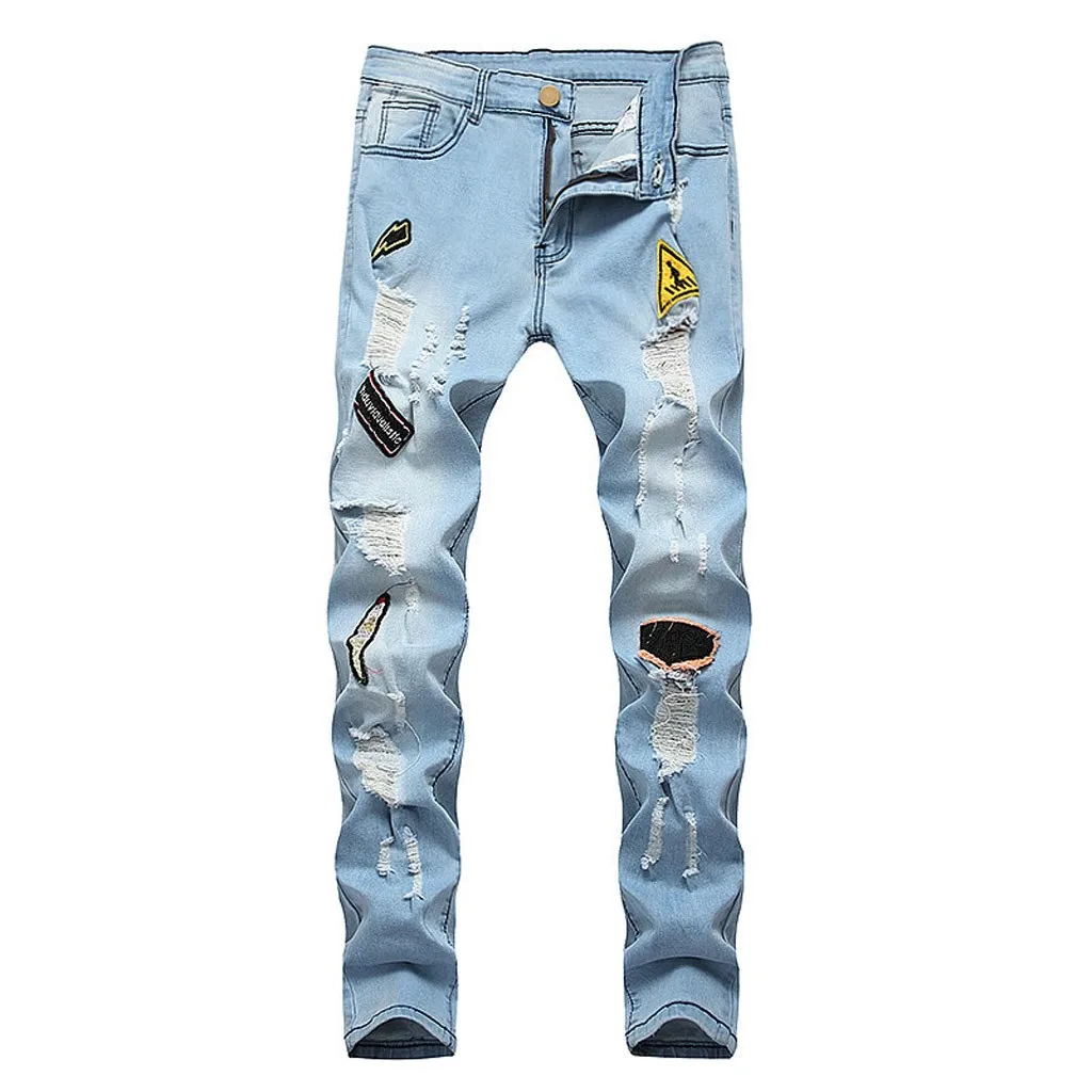 Мужские осенние джинсовые брюки хлопковые Прямые рваные карманы отверстие патч-брюки рваные джинсы брюки M0909