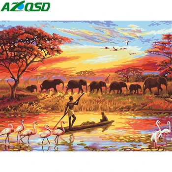 

AZQSD Paint By Numbers On Canvas Elephant Sunset Hand Paint Kit Canvas Coloring By Numbers Landscape Home Decor Gift