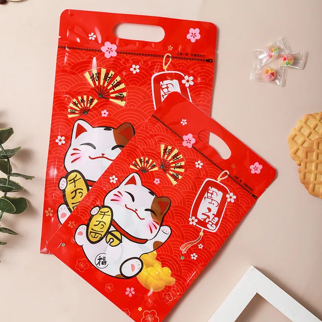 50Pcs Chinese New Year Lucky Cat Snow Crisp Nougat Self Zipper Bag Cookie Baking Snacks Packaging Red