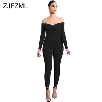 

Sexy Deep V Neck Rompers Womens Jumpsuit Slash Neck Solid Bodycon Long Sleeve Bodysuit Autumn Belt Bandage One Piece Overalls