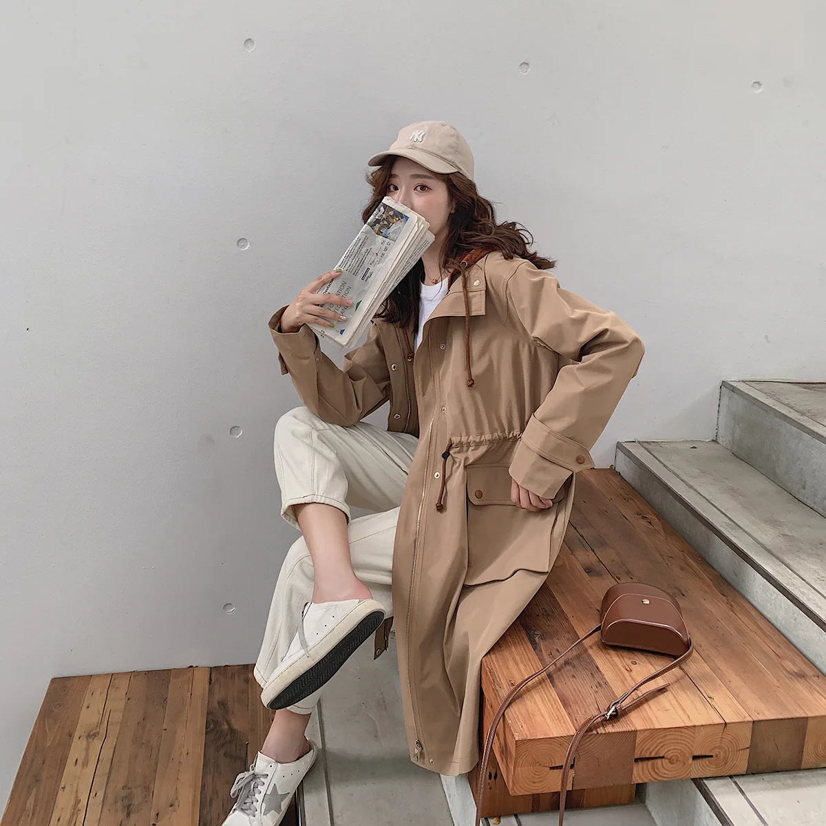 

Khaki Korean-style Mid-length Hooded Trench Coat Women's 2019 Spring And Autumn New Style WOMEN'S Dress Loose-Fit Popular Short-