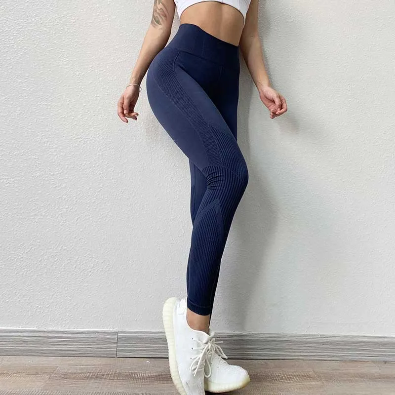 Однотонные спортивные штаны для йоги с высокой талией, спортивные Леггинсы для фитнеса, женские Леггинсы для йоги, тренировочные штаны для бега, спортивная одежда - Цвет: Navy Blue