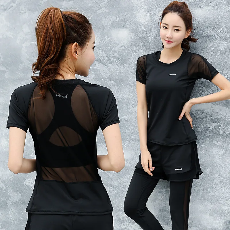 

Black And White with Pattern Sexy Gauze Yoga Clothes Suit Four-piece Set Spring And Summer Sports Running Fitness Suit Women's S