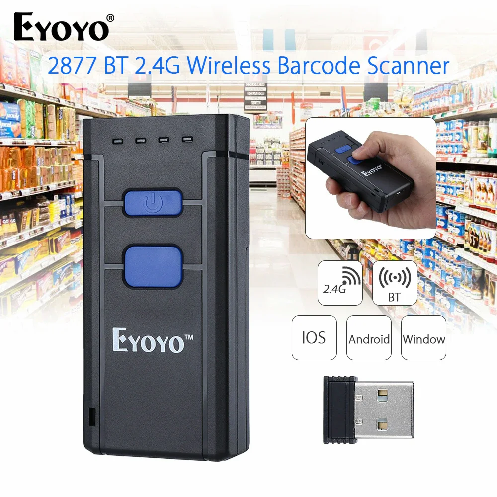 Barcode Scanner Eyoyo Wireless Bluetooth 1D Barcode Scanner Mini Laser Code Reader 2.4G Wireless & Wired Pocket Bar Code Gun IOS Android Windows