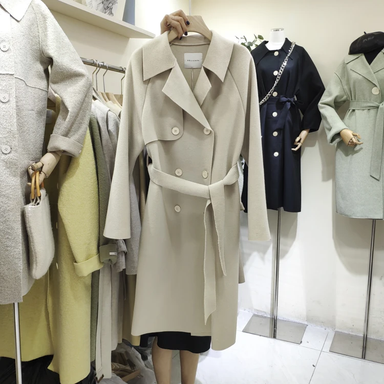 Autumn Winter Loose Windbreaker Long Woolen Coat Women Double-breasted Wool Jackets With Belt Female Overcoats v1075
