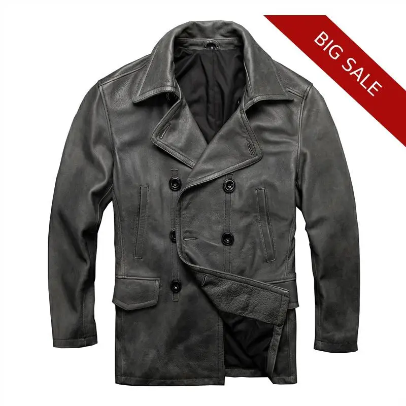 

2019 Vintage Grey Men Long Casual Leather Jacket Double Breasted Large Size 5XL Genuine Cowhide Russian Autumn Leather Coat