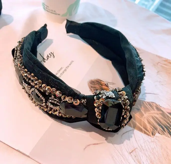Барокко ручной работы горный хрусталь широкая сторона с бантом hairband шикарный женский черный головной убор
