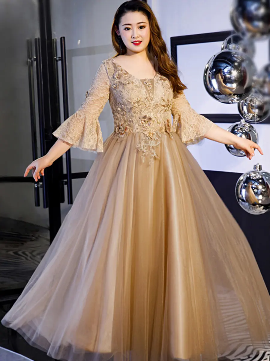 Evening Dress Plus Size Lace Flowers Robe De Soiree T541 Elegant Women Party Dresses Brown Three Quarter Sleeve Prom Dress