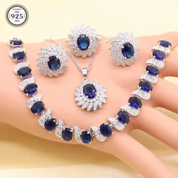 

Blue Zircon Costume Silver color Jewelry Sets Women Earrings With Stones Bracelets Necklace Pendant Rings Set Jewelry Gift Box