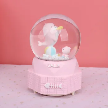 

Cartoon Sea Lion Crystal Ball Music Box Decoration Accessories Art Crafts Wedding Decor Ornaments Fish Bone Pattern Romantic
