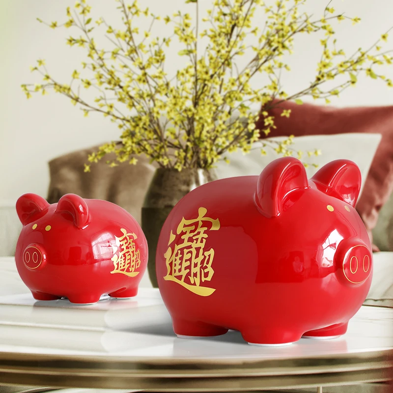 

Ceramic Chinese Red Cute Pig Money Box Home Decor Gift For Children Kids Cute Piggy Bank Pig Figurine Money Coins Saving Box