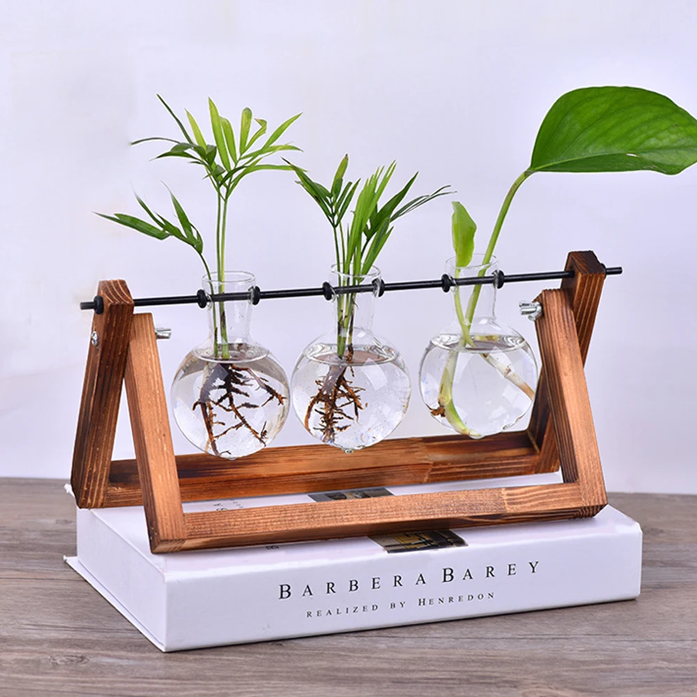 

Glass and Wood Vase Terrarium Table Desktop Planter Pot Flower Hanging Bonsai Desktop Hydroponics with Wooden Tray Home Decor