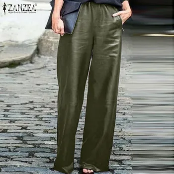 

ZANZEA Elastic Waist PU Leather Trousers 2020 Fashion Work Office Wide Leg Pants Women Casual Solid Pockets Long Pantalon Female
