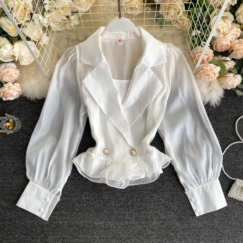 

2020 Autumn Women's Bloue New Retro Business Suit Collar Short Waist Hugging Ruffled Top All-match Shirt Female Blouses and Tops