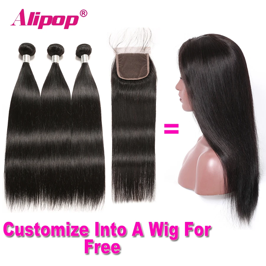 Brazilian Human Hair Bundles With Closure Can Be Customized a Wig For Free Straight Hair Bundles With Closure ALIPOP Remy Hair (8)