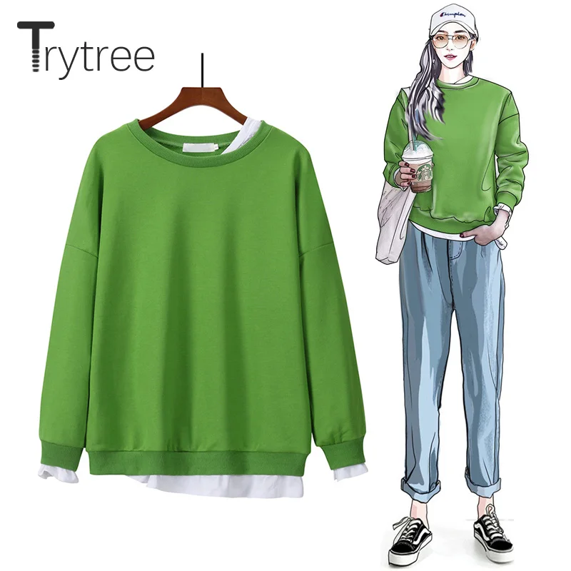 

Trytree 2019 Autumn Winter Women Casual Pullovers Sweatshirt O-Neck Patchwork Solid 4 Colour Loose Fashion Sweatshirt Tops