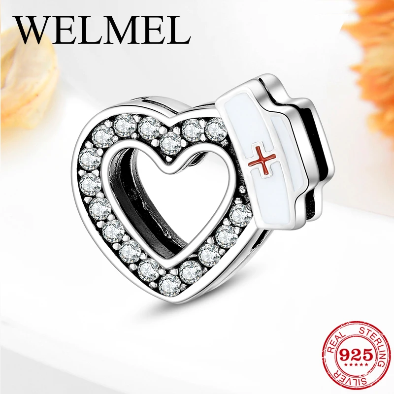 

100% Real Sterling Silver 925 Clip Beads Nurse cap & CZ Heart Chrams Fit Original Reflection Watch Bracelet Women DIY Jewlery
