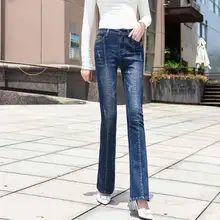 Хлопковые расклешенные брюки для женщин плюс размер черный синий полный длина Корректирующее белье с высокой талией повседневные джинсы из денима эластичные mdk0901