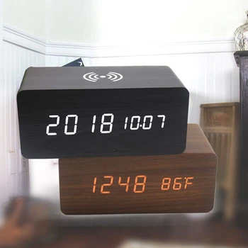 

Wooden Alarm Clock with Bluetooth Speaker Voice Control LED Digital Clock Wireless Charging Phone Wood Temperature Table Clocks