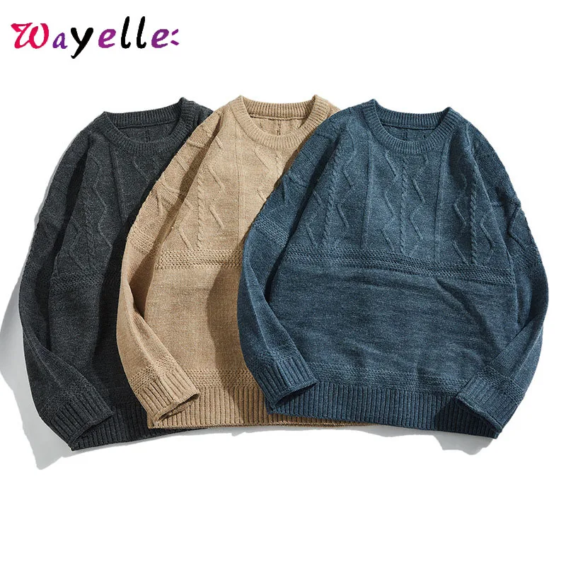 Sweaters Pullover Men 2019 O-Neck Retro Warm Mens Sweaters Loose Solid Winter Distressed Sweater for Men Japanese Casual Sweater