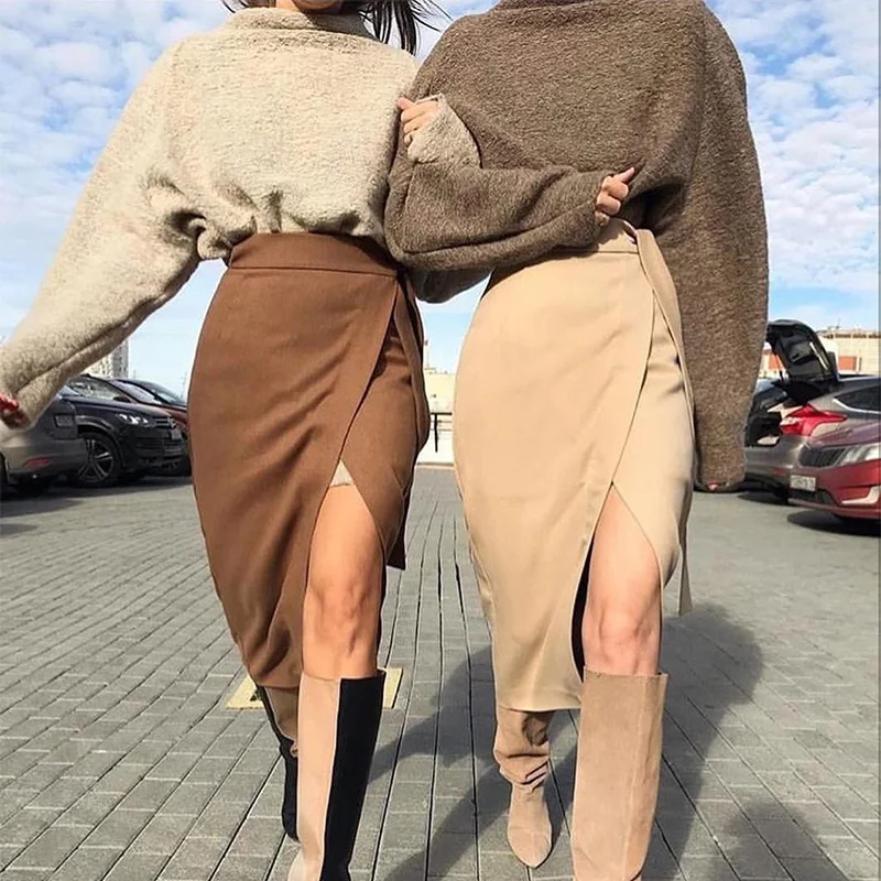 Khaki Suede Long Skirt Women Autumn Winter Casual Wrap Skirt Lace Up Women High Waist Midi Skirt Office Ladies Elegant