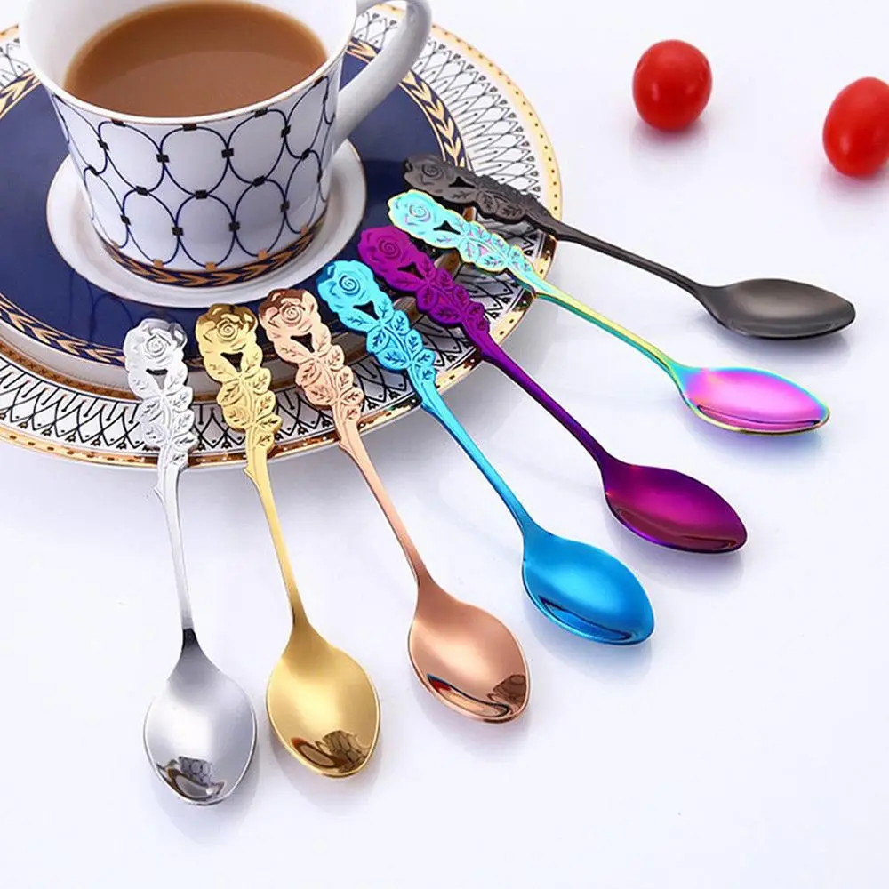 

304 Stainless Steel Mini Gold Plated Tableware Spoon Rose Handle Coffee Spoon Tea Dim Sum Small Spoon Tableware Dropship