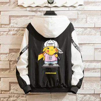 

LES KOMAN Spring Autumn New Men Jacket Pokemon Pikachu Doubt Printing Casul Streetwear Hooded Splice Sports Coats Outwear S-5XL