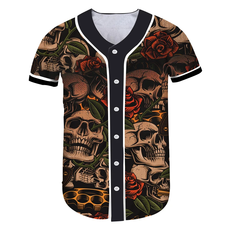 

CJLM летняя новая бейсбольная форма с розовым цветком темная куртка с коротким рукавом Череп Золотой пистолет бейсбольная спортивная одежда ...