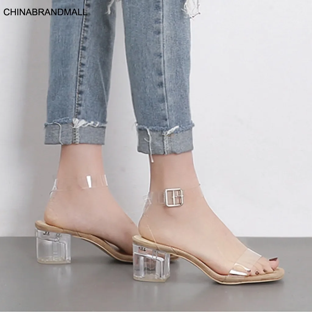 

Transparent Sandals for Woman 2020 Summer Block Heels Shoes Female Luxury Clear Heels Dress Shoes Low Heel Sandalias Striptease