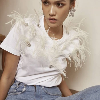 

[EWQ] 2020 Spring Summer New Arrivals O-neck Short Sleeve Solid Patern Women Fashion Trend Casual Feathers T-shirt AY06801.84A