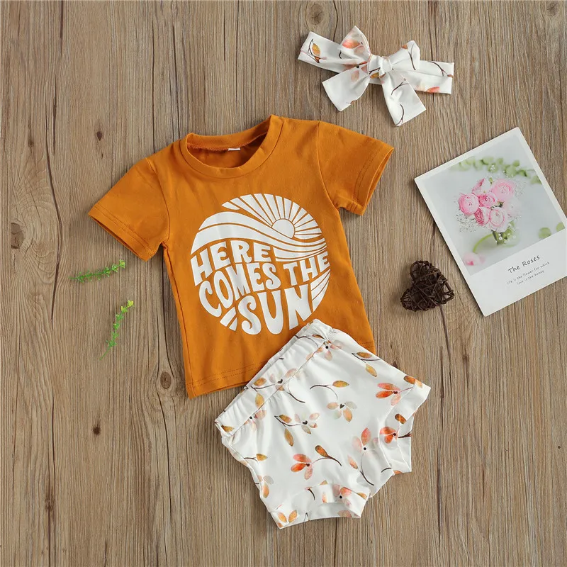 0-24M Baby Boys Girls Summer 3pcs Outfits Sets Short Sleeve Letter Print T-shirts+Floral High Waist Shorts+Headband Soft Outfits Baby Clothing Set classic Baby Clothing Set