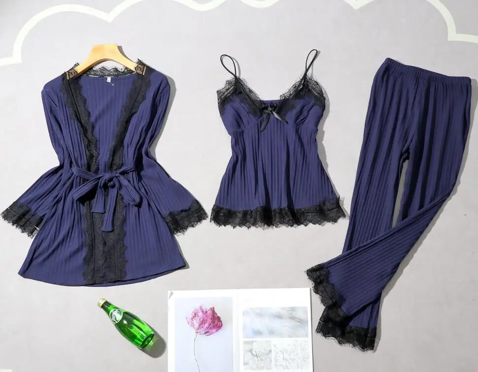 navy blue FZSLCYIYI пижамы для женщин Сексуальная кружевная отделка ночная рубашка осень-зима пижамы велюровые пижамы костюмы Повседневная Домашняя одежда - Цвет: navy blue
