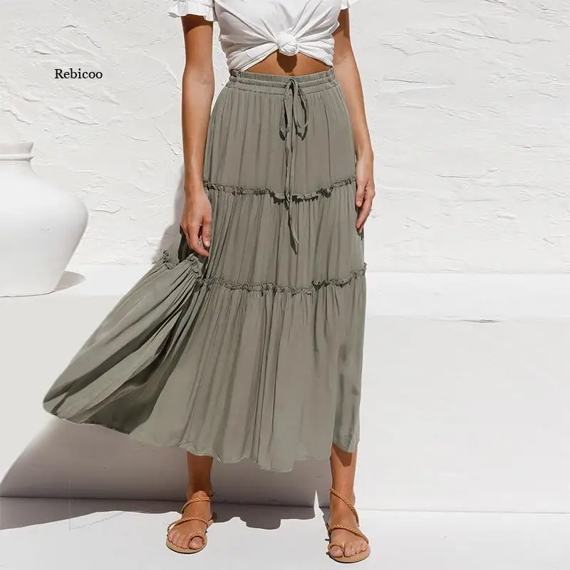 

Pleated Skirt Women Summer Casual Lace-Up Elastic Waist Midi Skirt Woman Patchwork Ruffles High Waist Skirts Falda Plisada Mujer