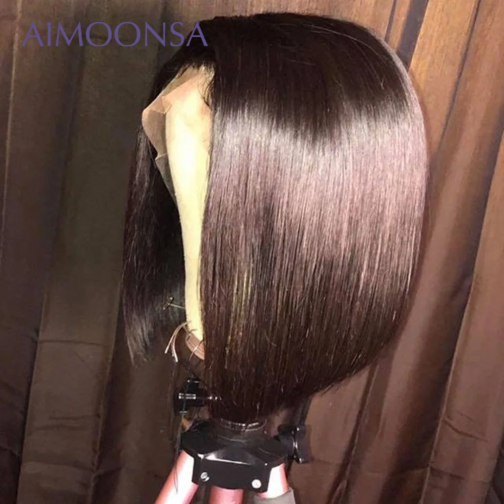 Cena Przezroczyste koronki 13*6 koronki przodu włosów ludzkich peruk brazylijski prosto peruka z krótkim bobem wstępnie oskubane z dzieckiem włosy Remy peruki Aimoonsa