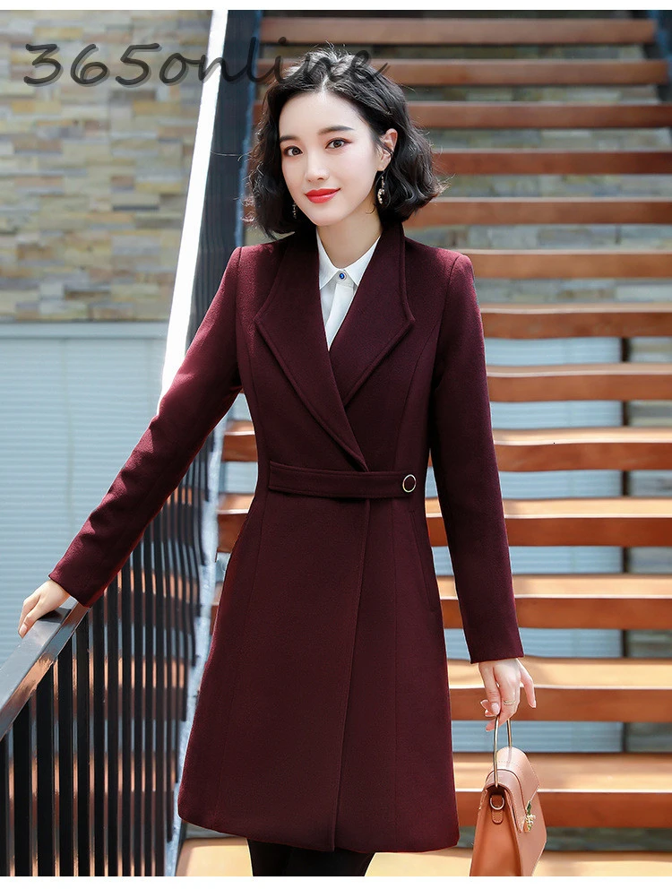 

Woolen Jackets Coat Outwear Fashion Elegant Wine Warm Winter Windbreaker Middle Long Thickened Cotton Clip Business Overwear