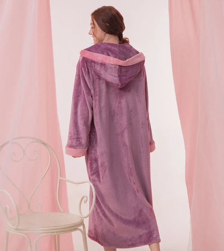 Зимний женский теплый фланелевый домашний халат, платье для сна, двусторонняя Коралловая флисовая длинная ночная рубашка с капюшоном, ночная рубашка с лунным карманом, Халат