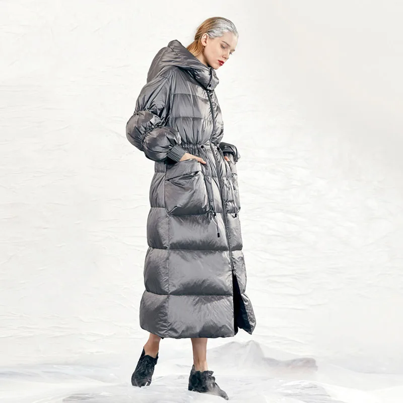 White duck down jacket women's winter large size long down coat oversize thickened Adjustable waist Outwear Warm New INKEO 1O130