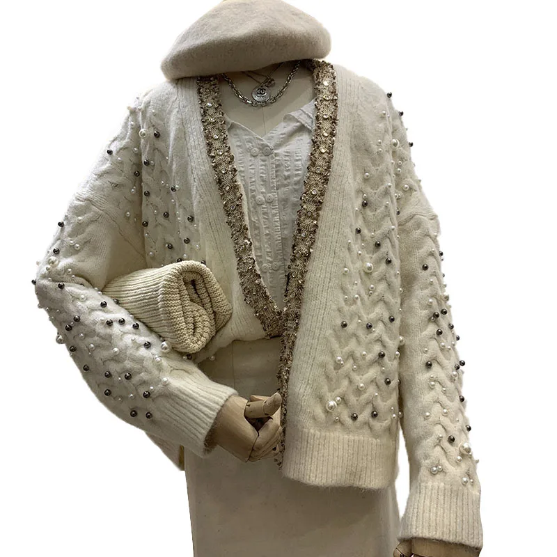 ^Cheap Beading Knitted Elegant Cardigan Vintage Simple Loose Women Girl Sweater 2020 New Auttum Fashion Solid Open Stich Sweater tops