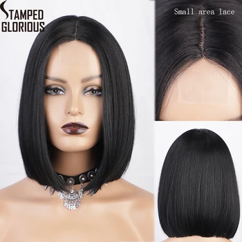 

STAMPED GLORIOUS Short Straight Black Wig for Women Synthetic Wigs Bob Lace Wig Middle Part Heat Resistant Daily Hair