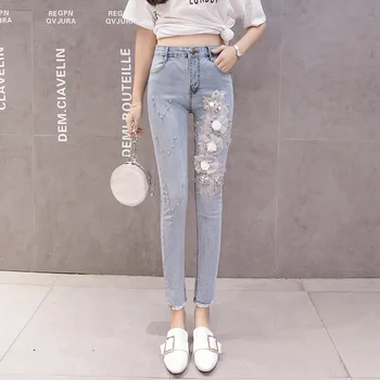 

Female 2019 Three-dimensional Flowers Nail Beads Slim Fit Elastic Force Cowboy Feet Nine Points Pants