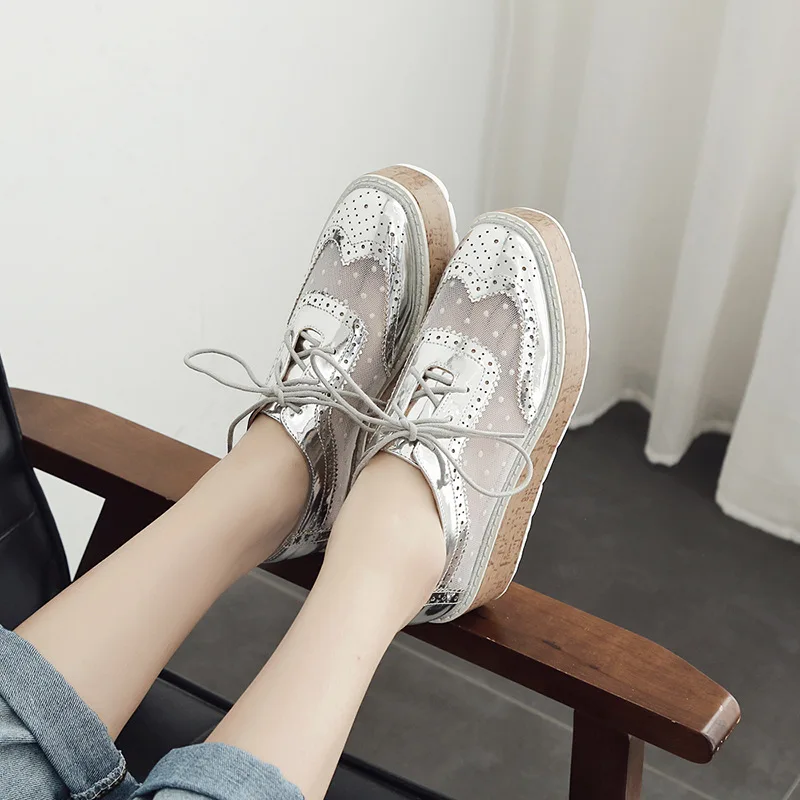 

2019 Summer Korean-style Breathable Mesh Lace-up Platform Sandals round-Toe Slanted Heel Waterproof Platform Elevator Shoes 1958