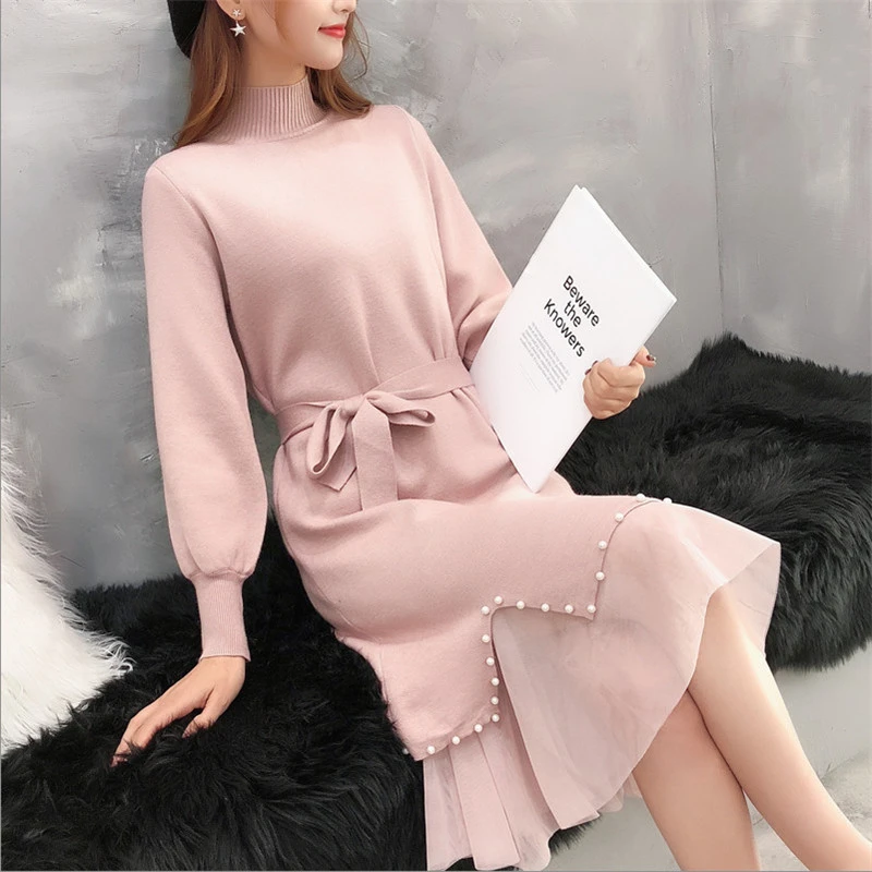 Wanita Baju Musim Dingin Gaun Panjang Koran Versi Bawah Rok Rajutan Turtleneck Manik Manik Ham Renda Pullover Aliexpress