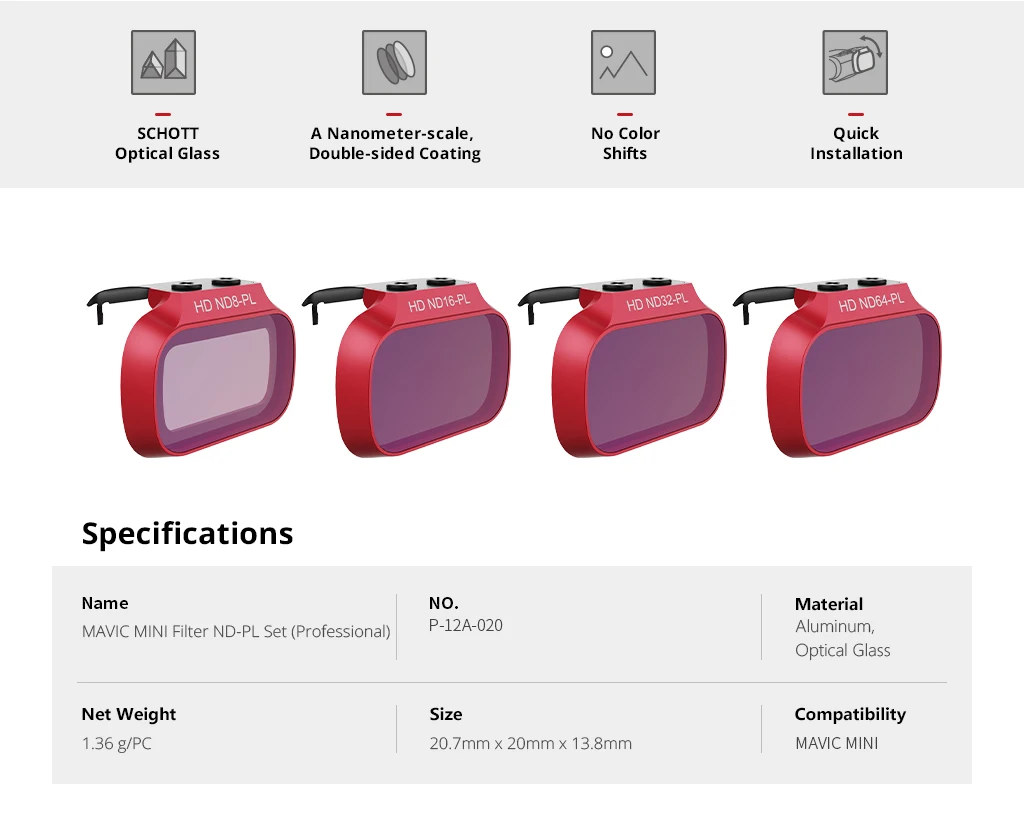 PGYTECH Mavic Мини профессиональный набор фильтров для объективов ND8/16/32/64-PL ND8/16/32/64 для DJI Mavic мини-Дрон аксессуары