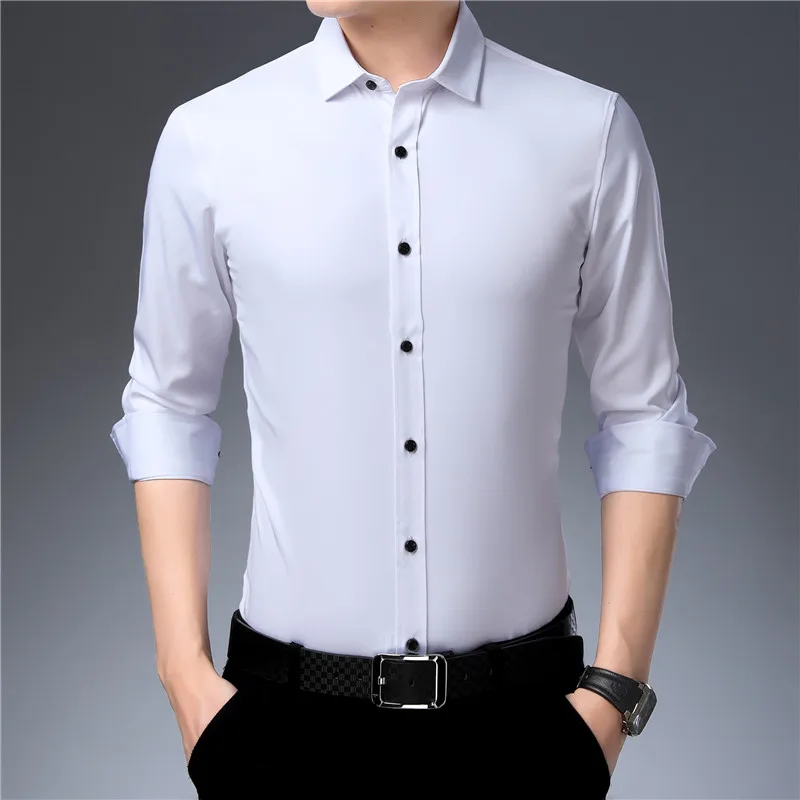 Эластичная Мужская рубашка из бамбукового волокна с длинным рукавом, Повседневная рубашка, мужская деловая рубашка, приталенная, синяя, черная, розовая, 4XL