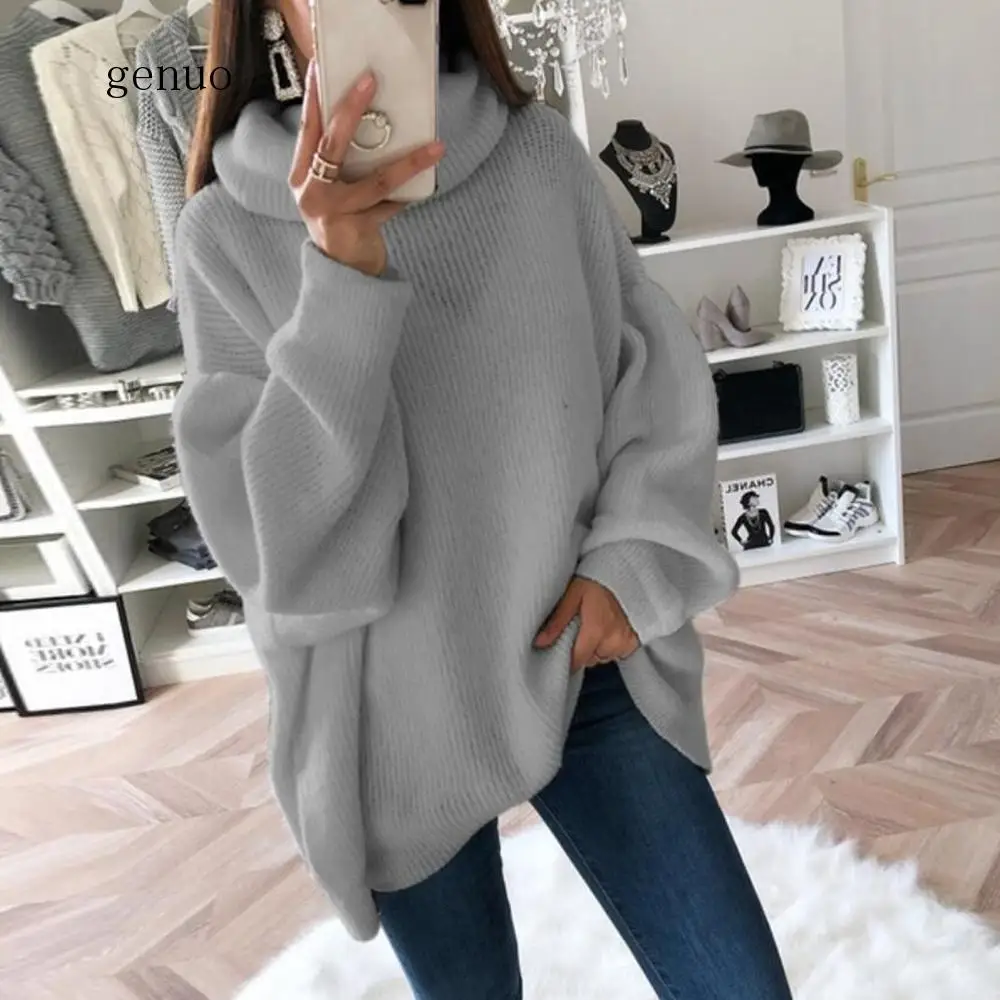 2020 Women Turtleneck Sweater Warm Long Sleeve  Warm Scarf Collar Pullover Casual Loose Autumn Winter Solid Knitted Sweaters