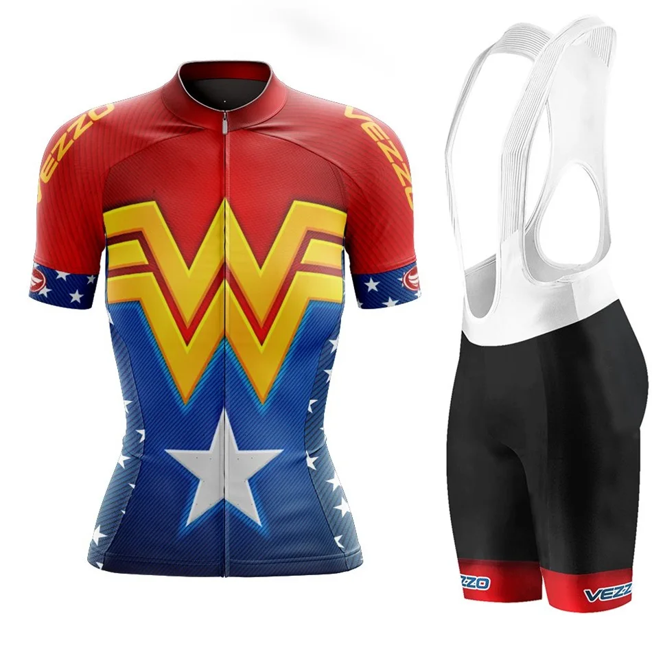 

Women's red cycling short sleeve jersey sets VEZZO wonder women bike kits pro team jersey bib shorts cycling club custom apparel